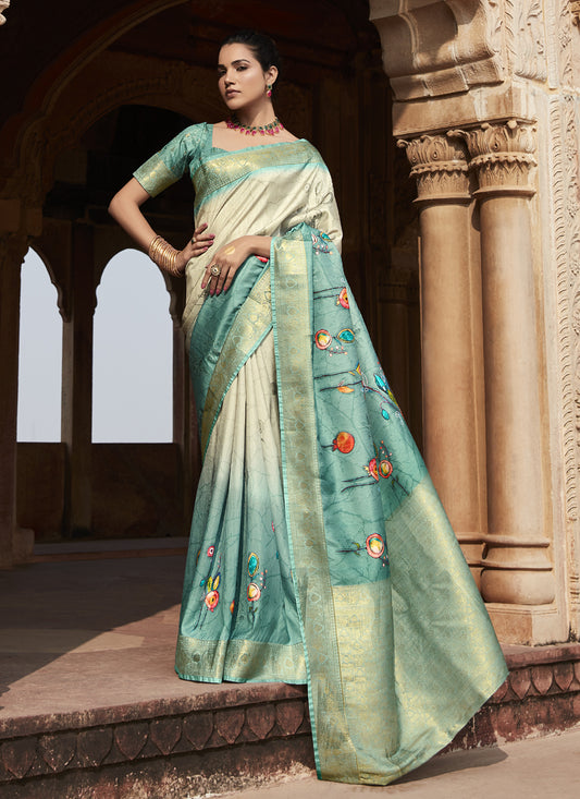 Off White & Turquoise Handloom Silk Digital Printed Casual Wear Saree
