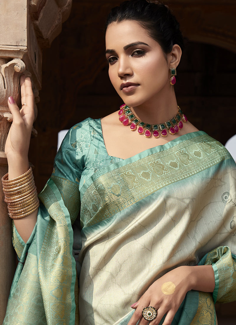 Off White & Turquoise Handloom Silk Digital Printed Casual Wear Saree