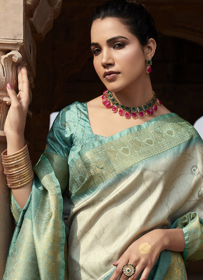 Off White & Turquoise Handloom Silk Digital Printed Casual Wear Saree