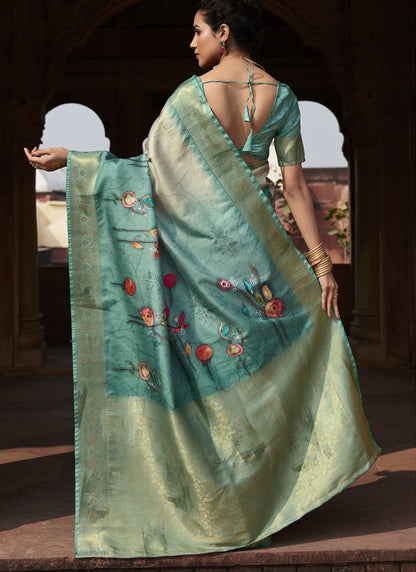 Off White & Turquoise Handloom Silk Digital Printed Casual Wear Saree