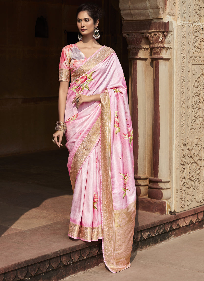 Baby Pink Handloom Silk Digital Printed Casual Wear Saree