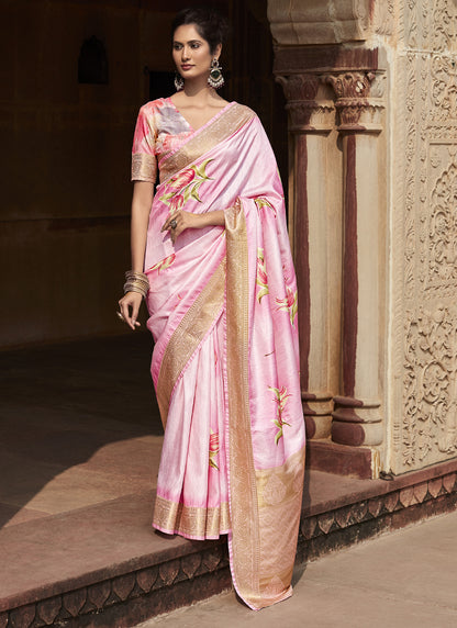 Baby Pink Handloom Silk Digital Printed Casual Wear Saree