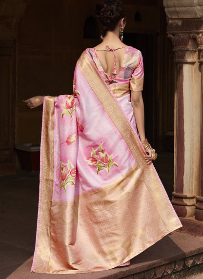 Baby Pink Handloom Silk Digital Printed Casual Wear Saree