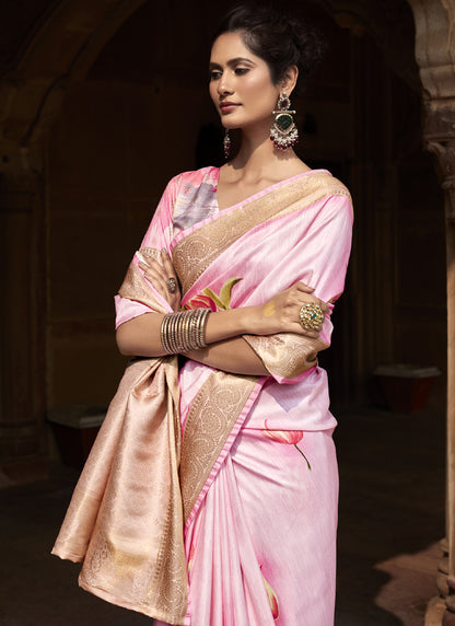Baby Pink Handloom Silk Digital Printed Casual Wear Saree