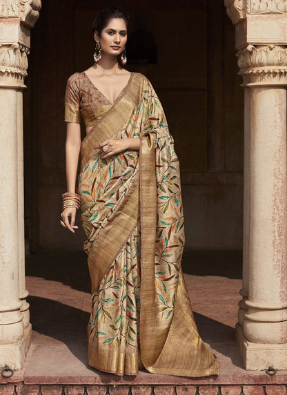 Beige Handloom Silk Digital Printed Casual Wear Saree