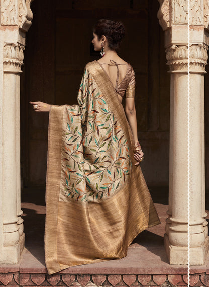 Beige Handloom Silk Digital Printed Casual Wear Saree