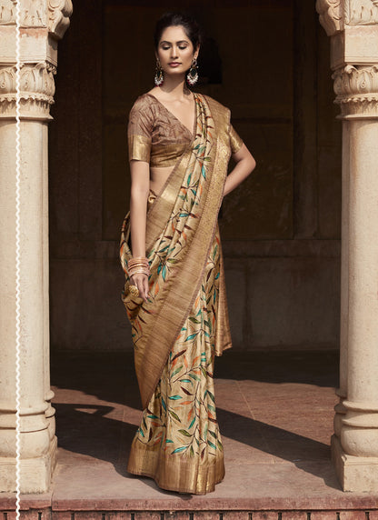 Beige Handloom Silk Digital Printed Casual Wear Saree