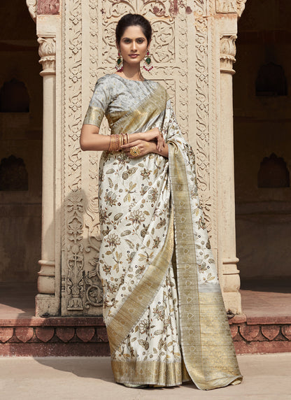 Off-White Handloom Silk Digital Printed Casual Wear Saree