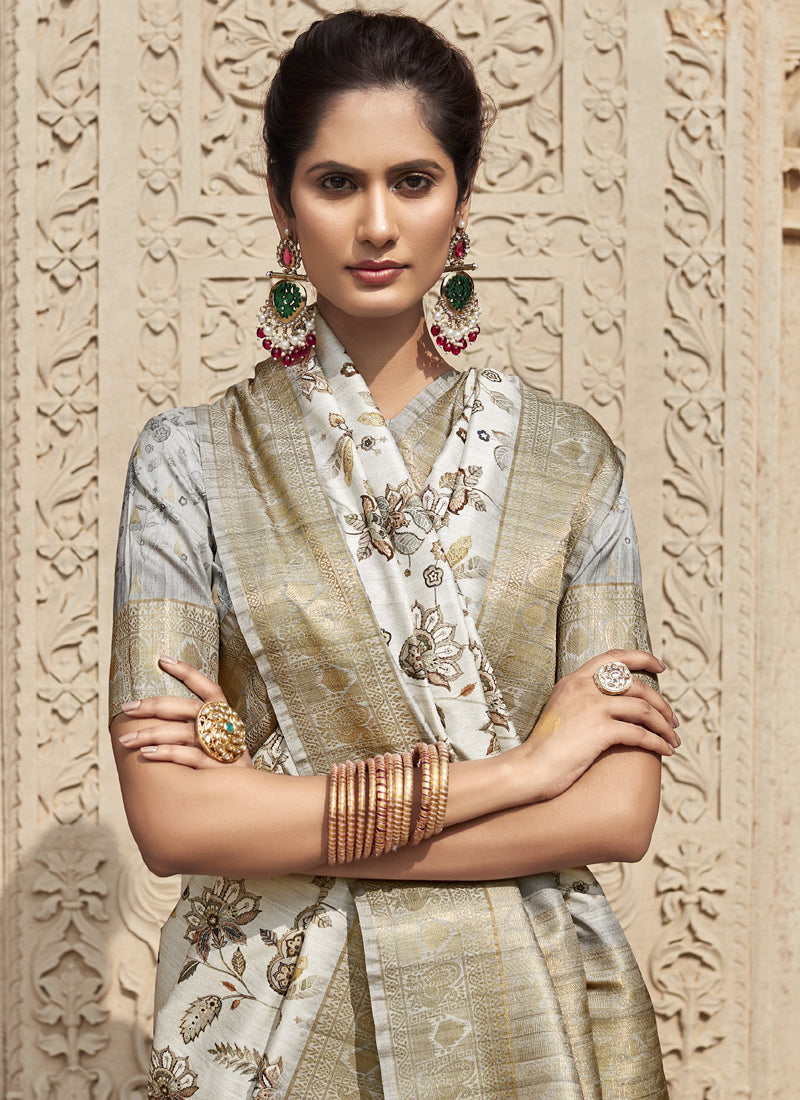 Off-White Handloom Silk Digital Printed Casual Wear Saree