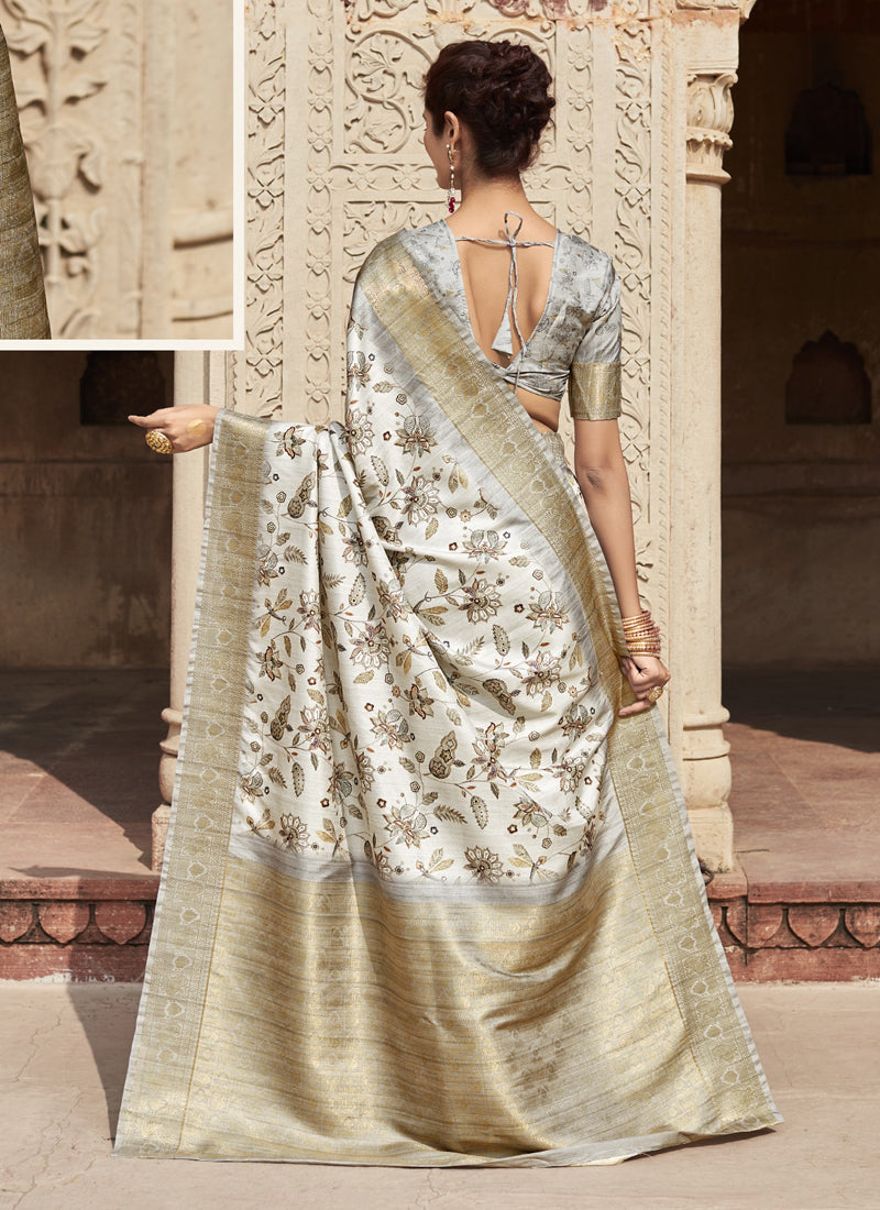 Off-White Handloom Silk Digital Printed Casual Wear Saree