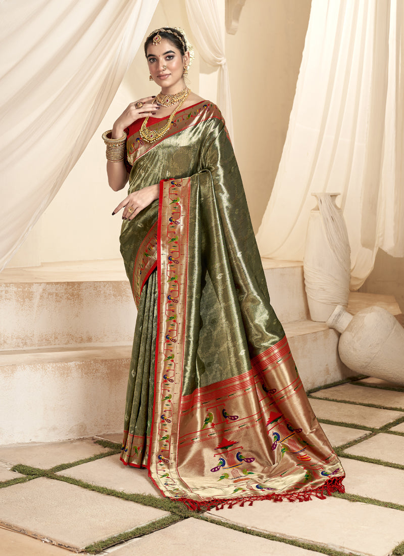 Olive & Red Tissue Paithani Silk Wedding Wear Saree