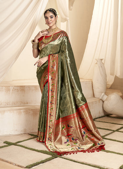 Olive & Red Tissue Paithani Silk Wedding Wear Saree