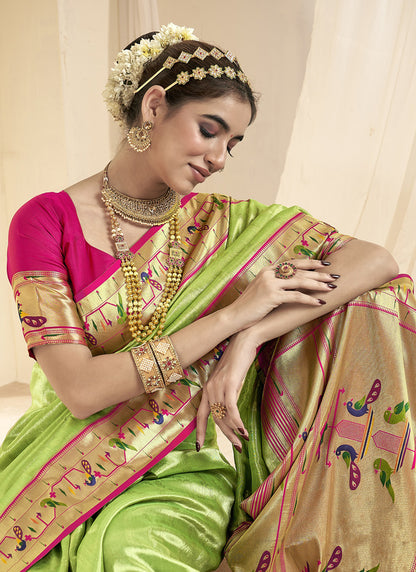 Parrot Green & Pink Tissue Paithani Silk  Wedding Wear Saree