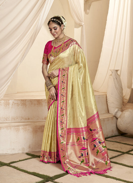 Beige & Pink Tissue Paithani Silk Wedding Wear Saree