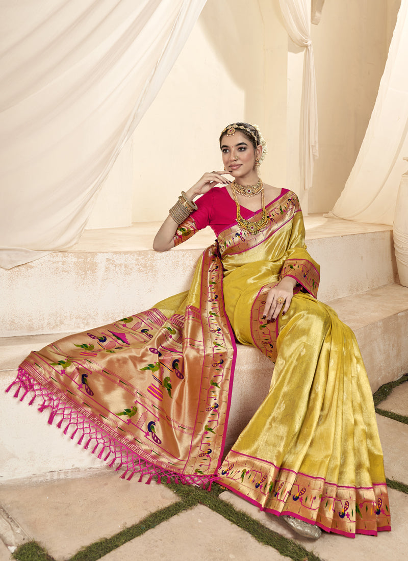 Cream & Pink Paithani Silk Wedding Wear Saree