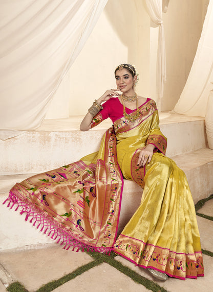 Cream & Pink Paithani Silk Wedding Wear Saree