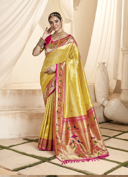 Cream & Pink Paithani Silk Wedding Wear Saree