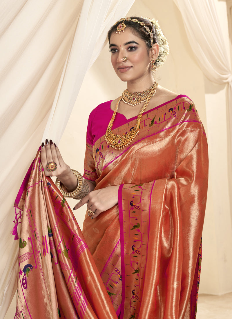 Peach & Pink Paithani Wedding Wear Saree