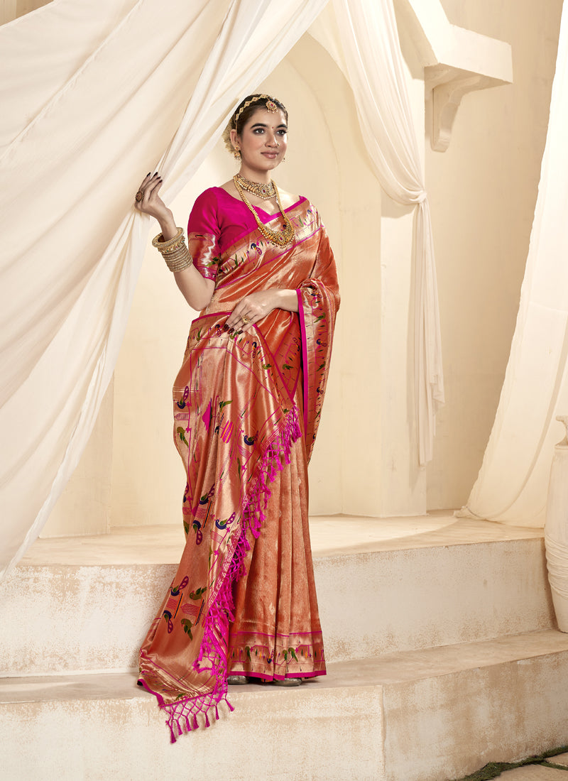Peach & Pink Paithani Wedding Wear Saree