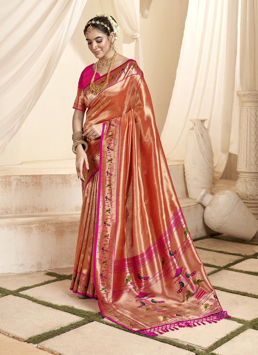 Peach & Pink Paithani Wedding Wear Saree