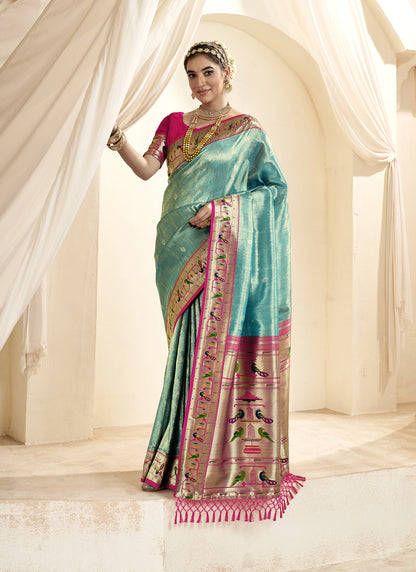 Sky Blue & Pink Paithani Silk Wedding Wear Saree