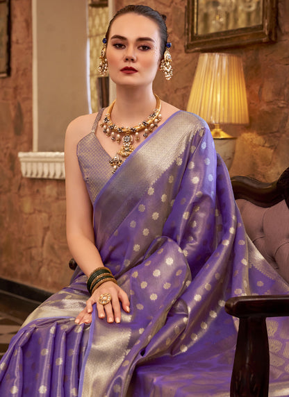 Lavender Zari Tissue Weaving Silk Wedding Wear Saree