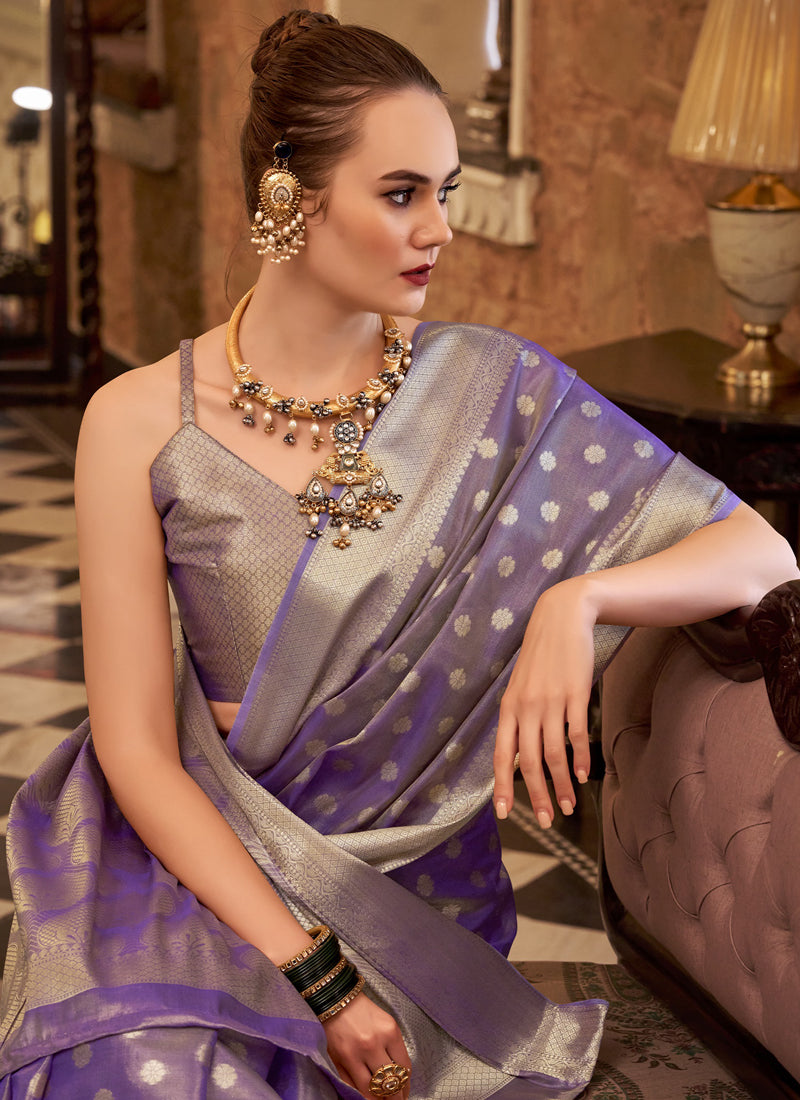 Lavender Zari Tissue Weaving Silk Wedding Wear Saree