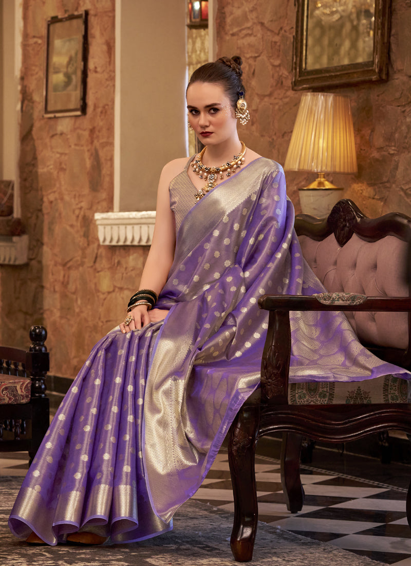 Lavender Zari Tissue Weaving Silk Wedding Wear Saree