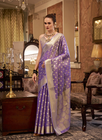 Lavender Zari Tissue Weaving Silk Wedding Wear Saree
