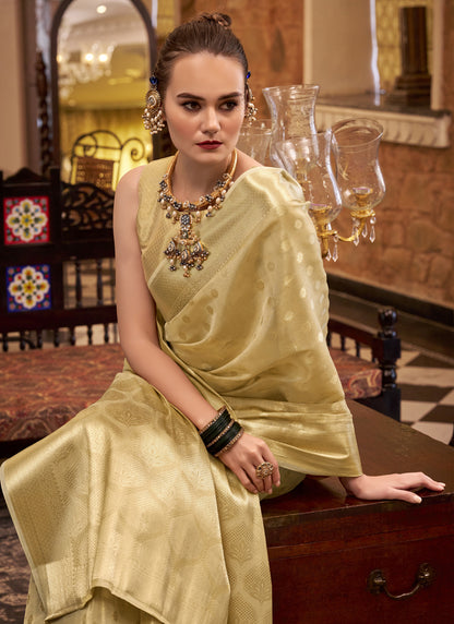 Beige Zari Tissue Weaving Silk Wedding Wear Saree