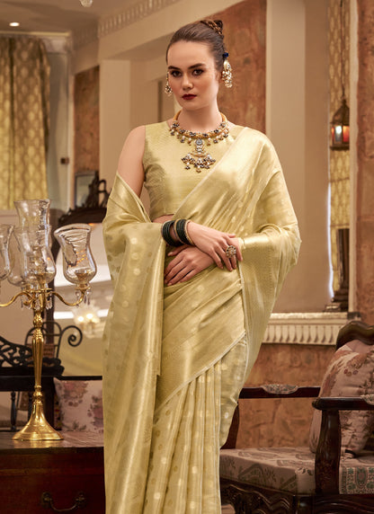 Beige Zari Tissue Weaving Silk Wedding Wear Saree