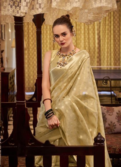 Beige Zari Tissue Weaving Silk Wedding Wear Saree