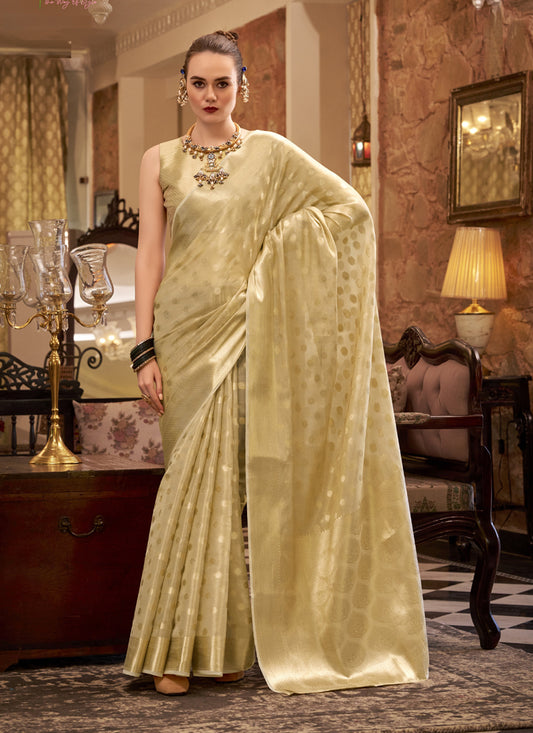 Beige Zari Tissue Weaving Silk Wedding Wear Saree