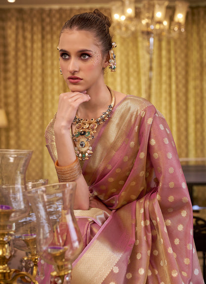 Peach Zari Tissue Weaving Silk Wedding Wear Saree