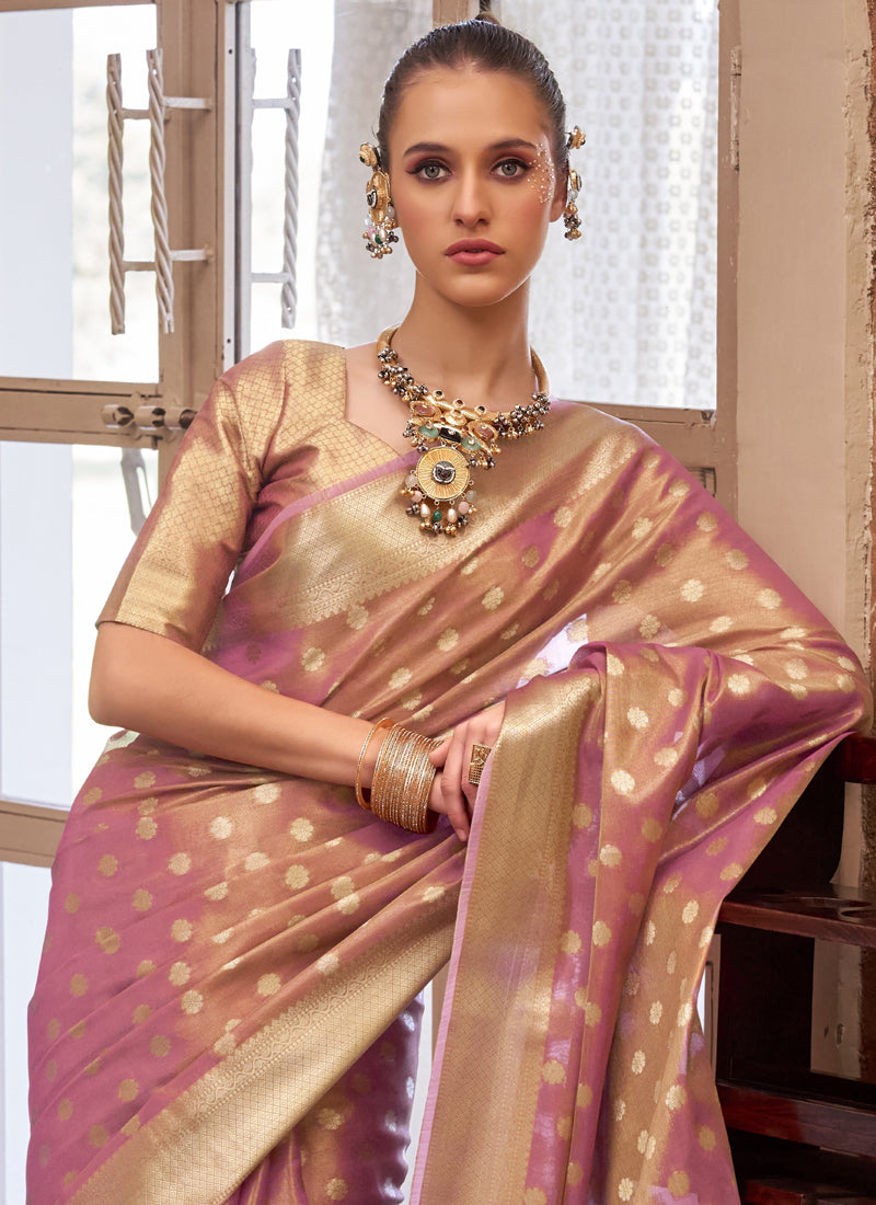 Peach Zari Tissue Weaving Silk Wedding Wear Saree