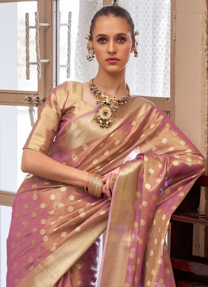 Peach Zari Tissue Weaving Silk Wedding Wear Saree