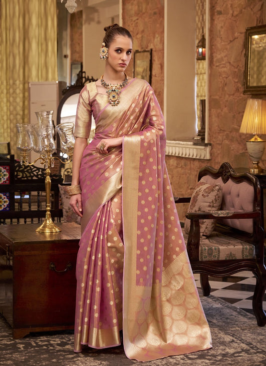 Peach Zari Tissue Weaving Silk Wedding Wear Saree