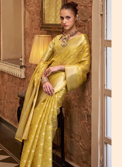 Cream Zari Tissue Weaving Silk Wedding Wear Saree