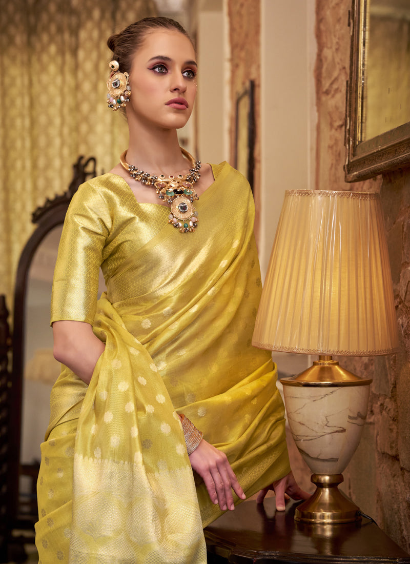 Cream Zari Tissue Weaving Silk Wedding Wear Saree