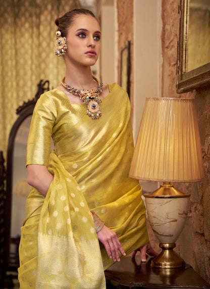 Cream Zari Tissue Weaving Silk Wedding Wear Saree