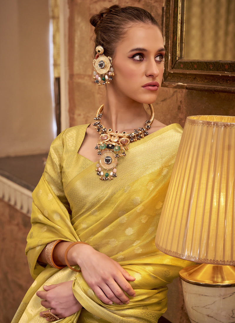 Cream Zari Tissue Weaving Silk Wedding Wear Saree