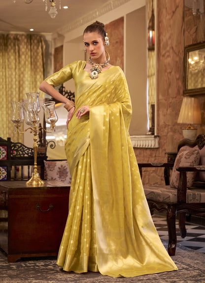 Cream Zari Tissue Weaving Silk Wedding Wear Saree