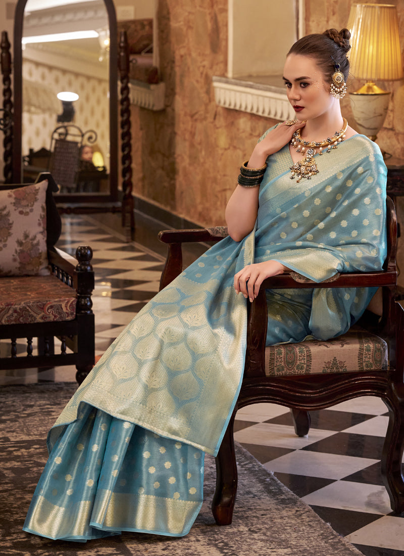 Sky Blue Zari Tissue Weaving Silk Wedding Wear Saree