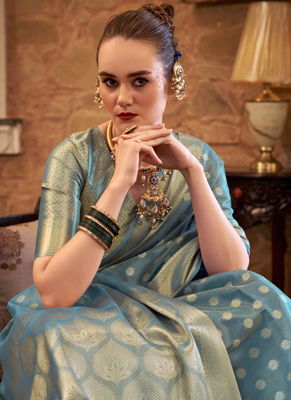 Sky Blue Zari Tissue Weaving Silk Wedding Wear Saree