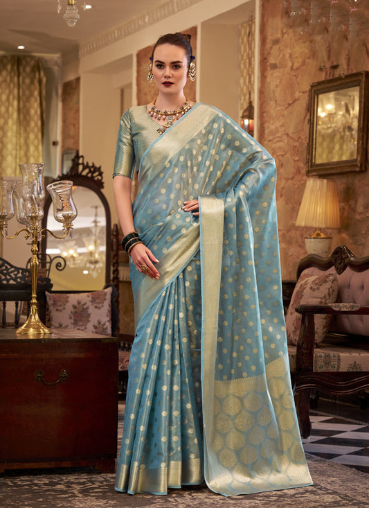 Sky Blue Zari Tissue Weaving Silk Wedding Wear Saree