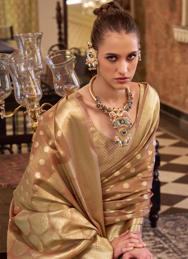 Bronze Zari Tissue Weaving Silk Wedding Wear Saree