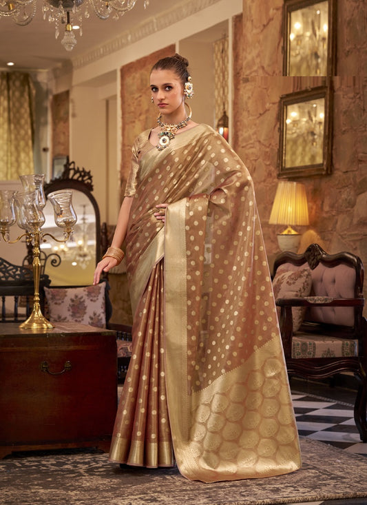 Bronze Zari Tissue Weaving Silk Wedding Wear Saree