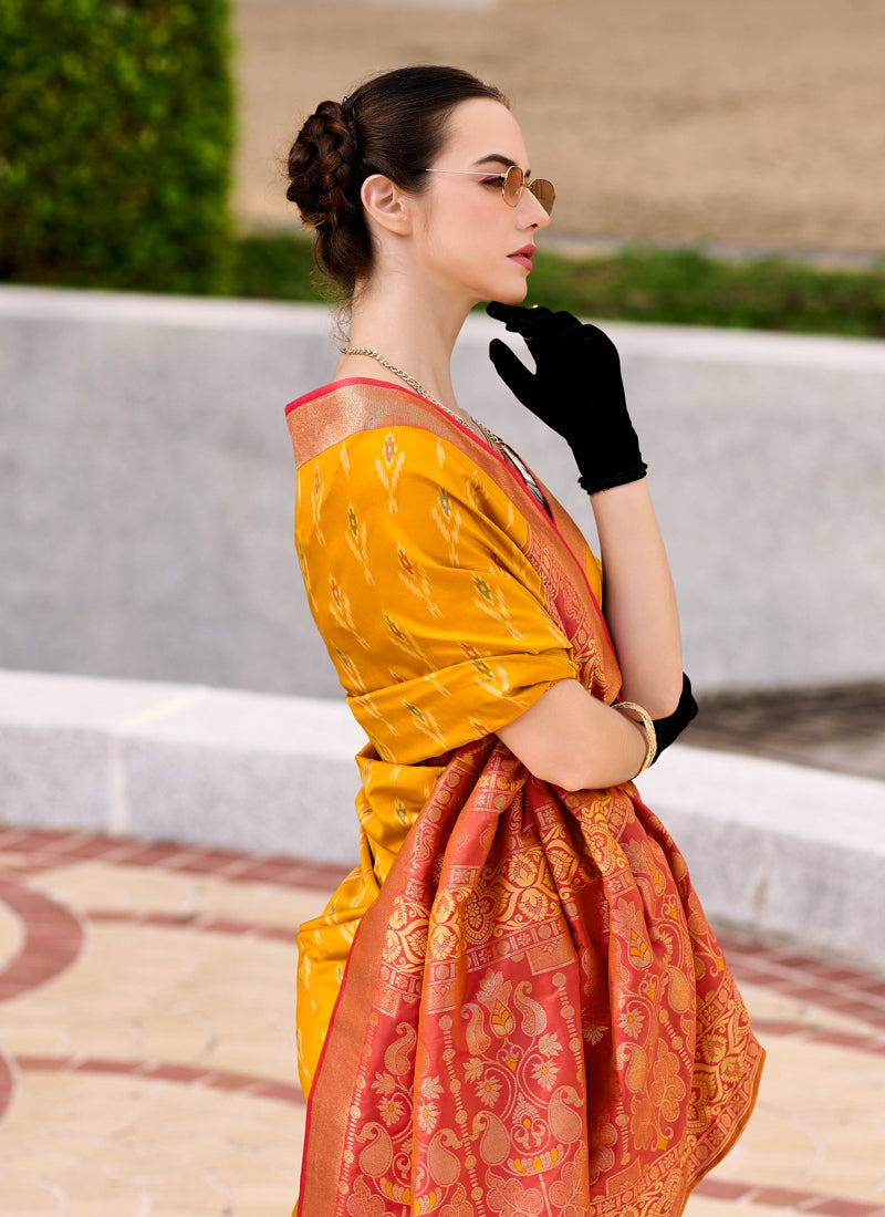 Mustard & Rust Soft Silk Weaving Ikkat Design Casual Wear Saree