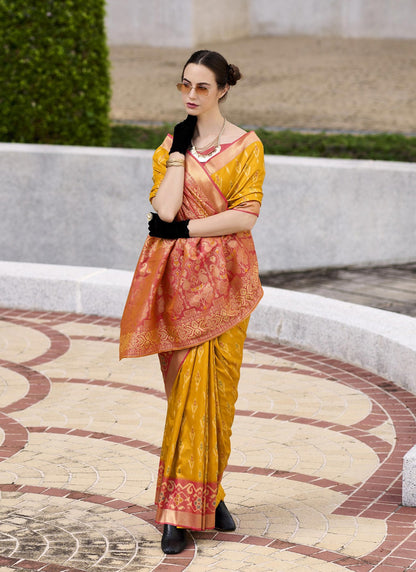 Mustard & Rust Soft Silk Weaving Ikkat Design Casual Wear Saree