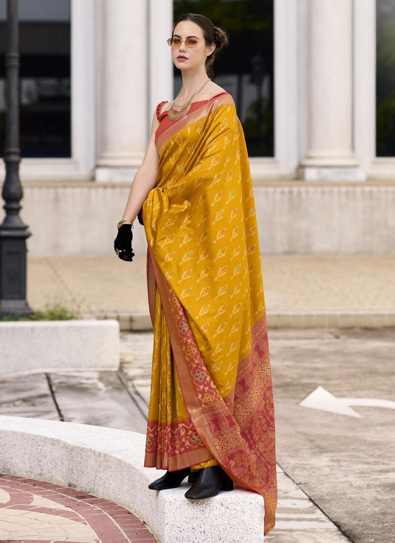 Mustard & Rust Soft Silk Weaving Ikkat Design Casual Wear Saree